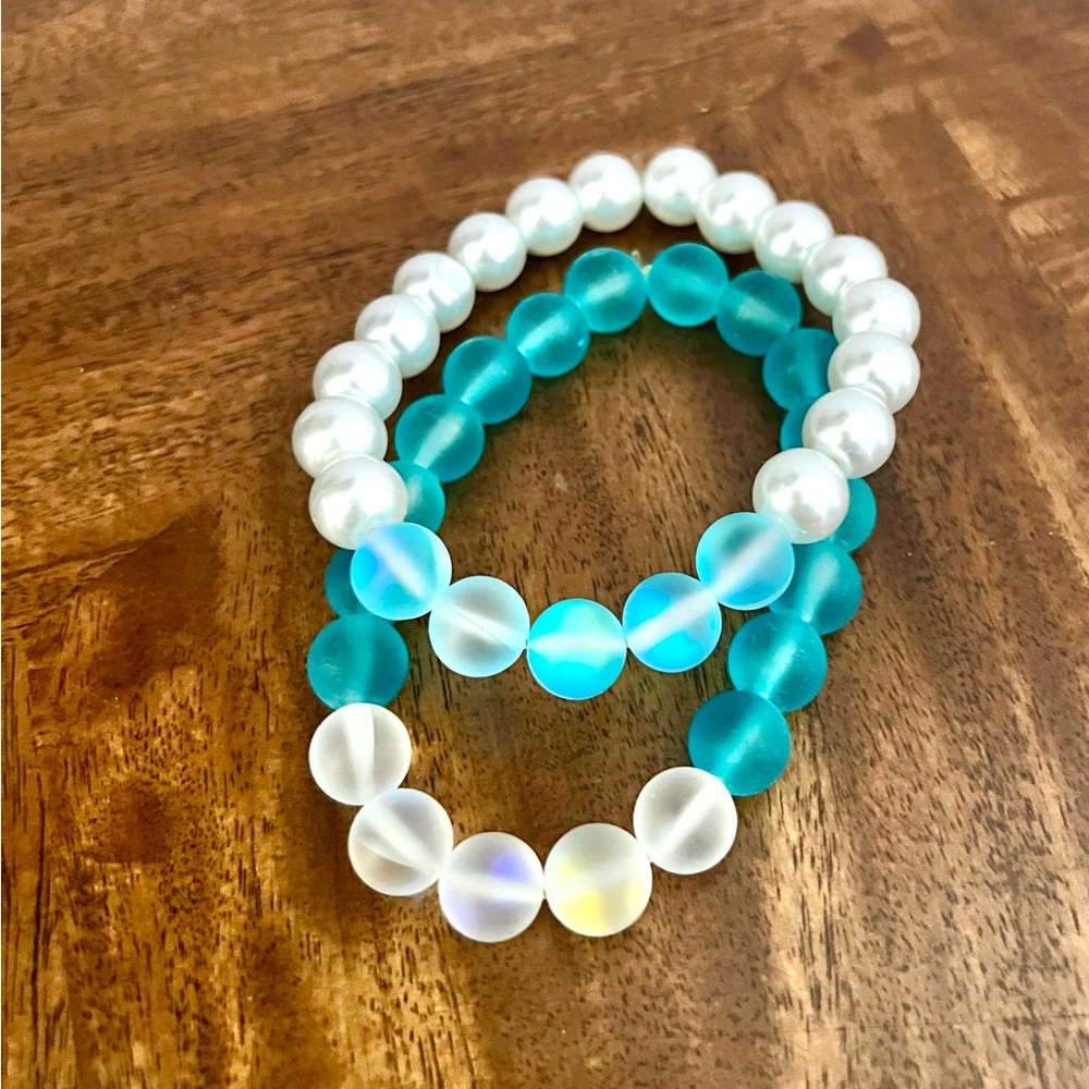 Beachy White and Blue Beaded Bracelets